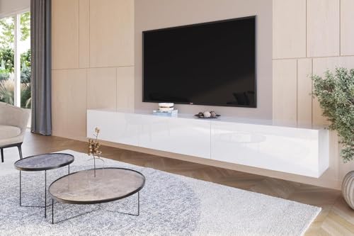HAJDUK FURNITURE Wohnwand Weiß Full Hochglanz TV Lowboard 270 cm Hängeschrank TV Board Hängend Schrank Fernsehschrank TV Bank Wohnzimmer Möbel Modern Wandschrank