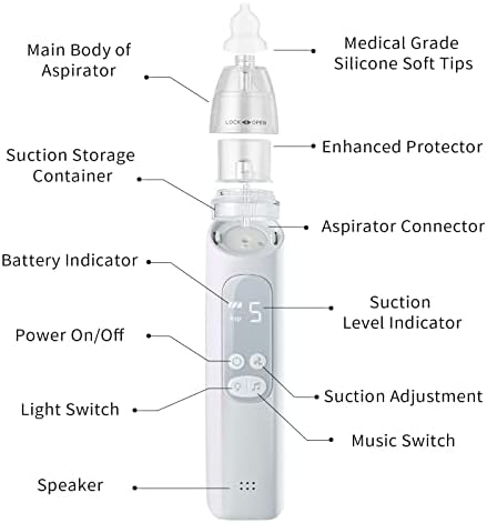 Baby Nasal Aspirator | Baby Nose Sucker | Automatic Electric Nose Cleaner for Baby, Rechargeable, 5 Suction Levels, 3 Sizes Silicone Tips, Music and Light Soothing for Infants & Toddlers