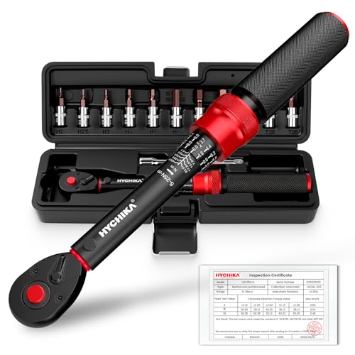 HYCHIKA Juego de 13 Llaves Dinamométricas 1/4' 5-25Nm, Precisión ±2%, Set Llave Dinamométrica Bicicleta 72 Dientes con Alargue, Bits y Estuche.