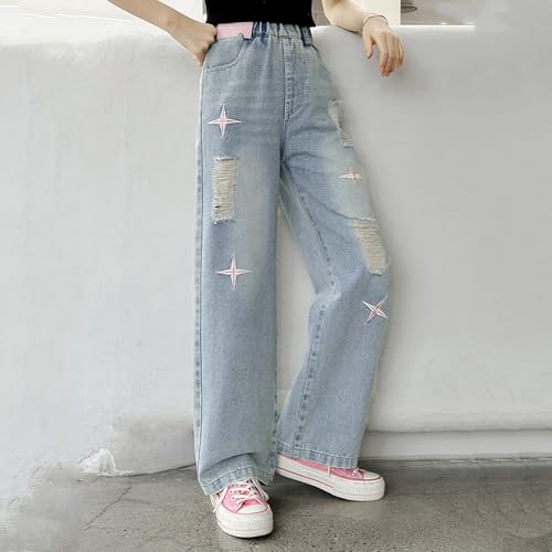 Girls' Jeans Elastic High Waist Wide Leg Baggy Denim Pants Bootcut Streetwear4