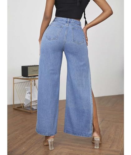 Sexyshine Women's High Waist Side High Split Jeans Distressed Ripped Loose Wide Leg Long Denim Pants Club Streetwear3