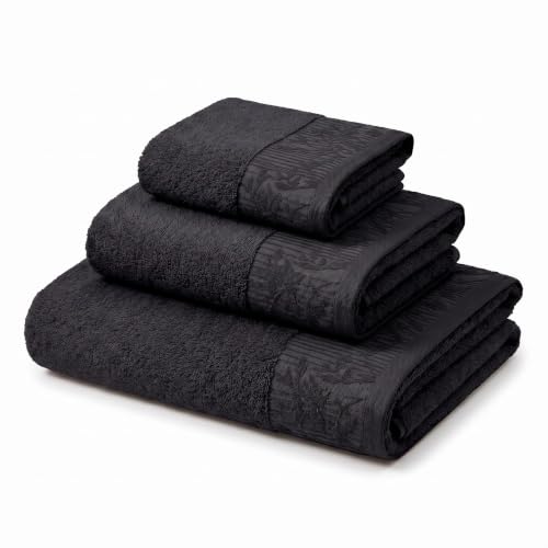 Juego de toallas de algodón de 3 piezas con borde floral Jacquard, colección Wisteria 2