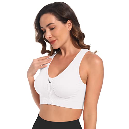 Fapreit Women's Zip Front Closure Sports Bra - Seamless Wirefree Post Surgery Padded Racerback Workout Gym Yoga Bras 17 Pack (Black,Blue,White) #TOP3