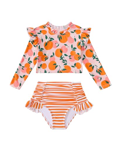 Mioglrie Toddler Girl Long Sleeve Swimsuit 2 Years Two Piece Quick Drying Bathing Suits Long Sleeve Ruffled Girls\' Swimwear with Bikini Bottoms Orange