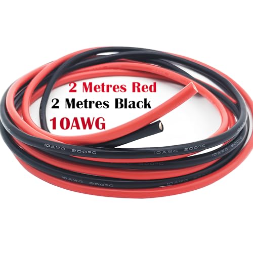 CESFONJER Fil de silicone de 10 AWG, (2 mètres noir et 2 mètres rouge) fil flexible de silicone du fil de cuivre étamé résistant à hautes températures pour voiture RC, drone etc.
