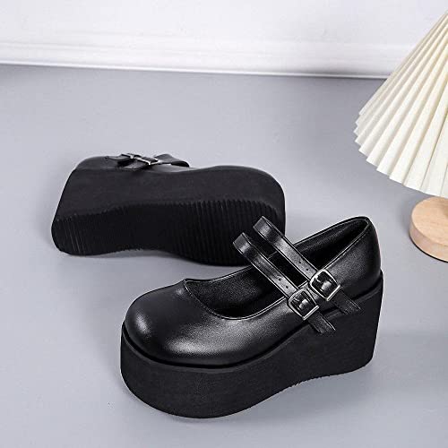 Image of Women's Platform Mary Janes Heart Cat Buckle Rivets Ankle Lolita Gothic Princess Platform Pumps Patent Leather Thorn Vintage Traditional Embroidery Upper Dress Shoes