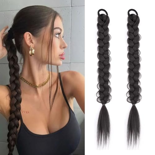mdgfge 2Pcs Braided Ponytail Extensions with Hair Ties Soft Synthetic Hair Pieces 16 Inch for Women Daily Wedding Birthday Party Wear (Natural black)
