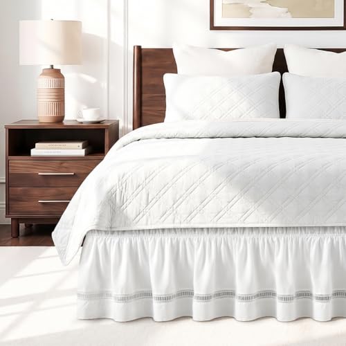Vocander Easy Wrap Queen Bed Skirt, 16 Inch Drop Hollow-Out Lace White