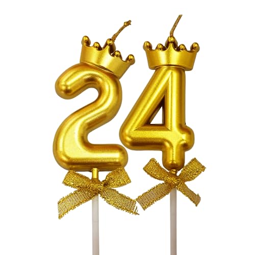 Image of 2 Pc 24 Number Candle for Birthday Cake Metallic Gold Number Candle with Crown on Top for Anniversary Cake Topper 24th Birthday Cake Decoration (Pack of 2, Gold).