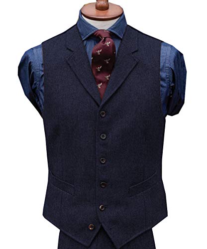 Jiaoyunshi Men's Tweed Vest Vintage V Neck Slim Fit Classic Wool Blend Notched Lapel Herringbone Vest Men2
