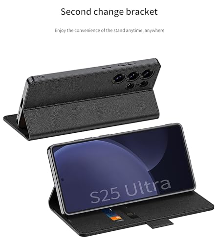Image of Midkart Leather Flip Cover Compatible with Samsung Galaxy S25 Ultra with Magnetic Lock Card Holder Kickstand Full Body and Camera Protection Case, Lichi Black