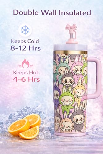 Image of Stanley The Quencher H2.0 Flowstate Tumbler with Straw, 40oz, Pink Labubu Character Print, Double-wall Vacuum Insulated, Limited Edition