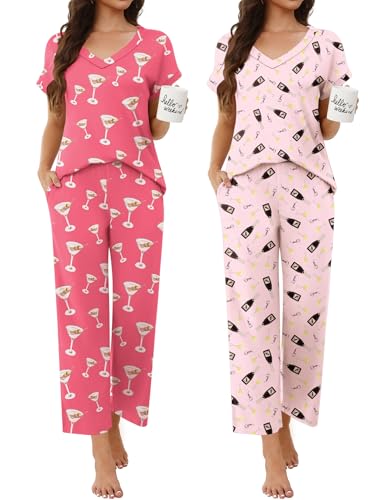 Ekouaer 2 Pack Pajamas for Women Short Sleeve V Neck Pj 2 Piece Lounge Sets S-XXL