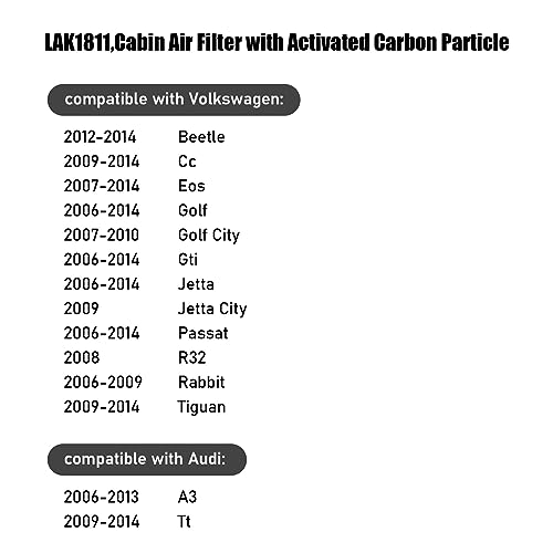 LAK1811,Cabin Air Filter with activated carbon particle for Volkswagen,2012-2014 Beetle,2009-2014 CC,2007-2014 Eos,Golf,Golf City,GTI,Jetta,Jetta City,Passat,R32,Rabbit.Audi,A3,TT.