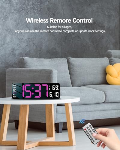 Image of JoFomp Digital Wall Clock - 13 inch Large LED Display, Loud Alarm, Remote Control, DST, Auto-Dimming, Date and Day, Timer, Temperature - 12 /24H Format - Ideal for Living Room, Bedroom (Pink)