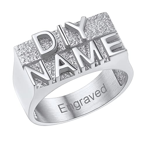 Custom4U Personalized Name Ring Unisex Custom Block Letter/Name/Initial/Year/Word Rings,Stainless Steel/Gold/Black Customzied Nameplate Ring for Women Men (Gift Box) 2.0 Silver
