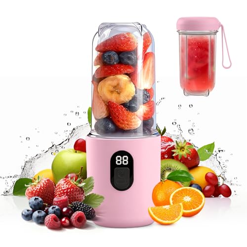 AMFUN 500ML Tragbarer Mixer, Smoothie Maker to go mit Digitalanzeige, 16-Blatt Elektrischer USB-Entsafter, Mini-Mixer für Shakes und Smoothies, für Küche, Reisen, Fitnessstudio, Rosa