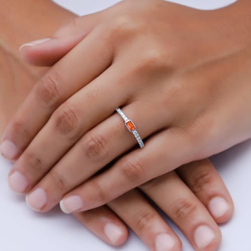 Emerald Cut Simulated Birthstone & Round 1/3 Cttw Lab Created Moissanite Bezel Set Stackable Wedding Ring Band for Women In 14K Gold Plated Sterling Silver3