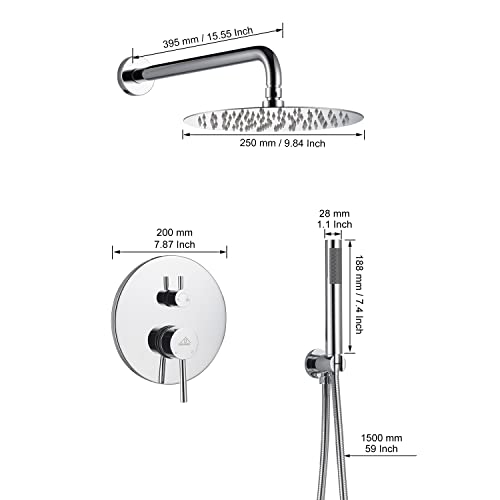 Casainc Shower Valve And Trim Kit, 10 Inch Round 2 Functions Rain Shower Head With Handheld Spray Wall Mounted Shower System (Chrome) #TOP5