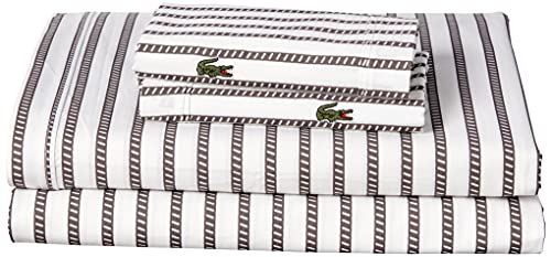 Image of Lacoste 100% Cotton Percale Sheet Set, Graphic Stripe Print, Dark Grey, Queen
