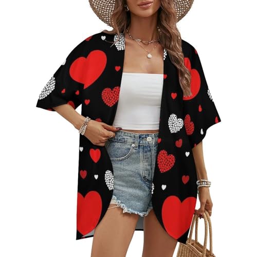 Womens Open Front Cardigan, Lightweight Valentine's Day Elegant Red Love Heart Black Cardigans Half Sleeve Blouse Tops Coat, Casual Duster Jackets