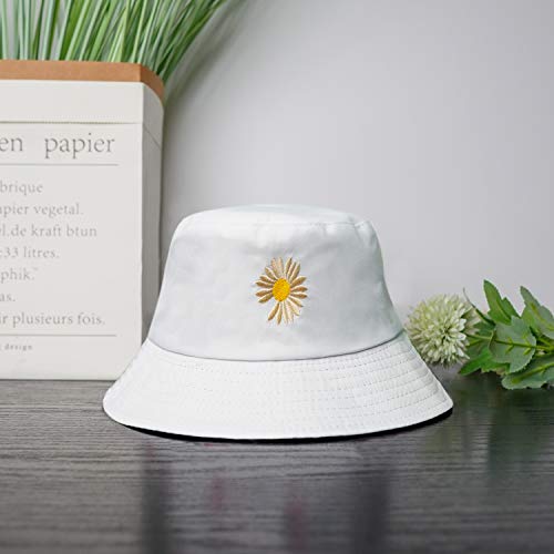 Daisy-Bucket-Hats Reversible Fisherman-Cap Packable Summer Sun Protection (White/Black 1Pc) #TOP4
