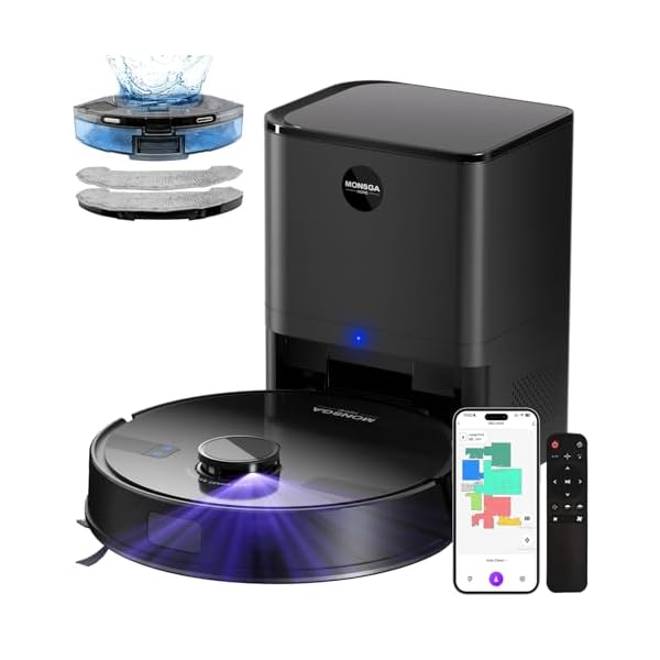 MONSGA Saugroboter mit Wischfunktion, 3.5L Staubsauger Roboter mit Absaugstation, 5000Pa Saugkraft, 180Min Laufzeit, LiDAR Navigation, Starke Saugkraft ideal für Teppich und Tierhaare, APP Steuerung