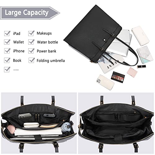 Laptop Tote Bag for Women 15.6 inch Women Leather Computer Briefcase for Work Waterproof Large Capacity Classy Business Tote Bags for Women Black