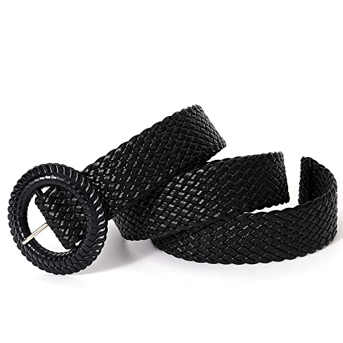 YOU&M Women's Hand-Weave Pure Wax-Rope Black Vintage Classic Round Pin-Buckle Waist Belt3