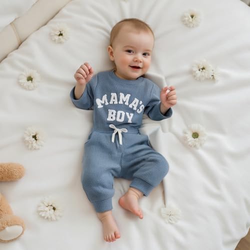 ZAXARRA Newborn Boy Clothes Mama Boy Embroidered Long Sleeve Romper Waffle Ribbed Pants Set Baby Fall Winter Outfit3