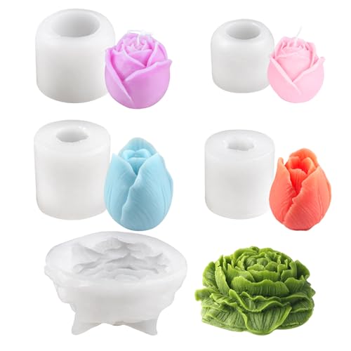 5 Piezas Moldes Para Velas, 3D Moldes De Silicona Para Velas De Flores, Tulipán, Pfingstrose, para Hacer Vela Perfumada Jabón Chocolates Dulces Cubitos de Hielo, DecoracióN De Pasteles, Blanco