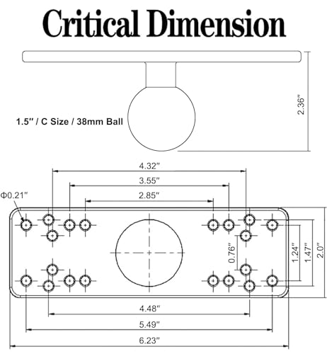 Strg 1.5\" Ball Mount with Aluminum Alloy Rectangular Plate, Universal Electronic Device Mounting Ball Base with AMPS Holes Compatible with RAM and All 1.5 Inch/C Size/ 38MM Ball Double Socket Arms