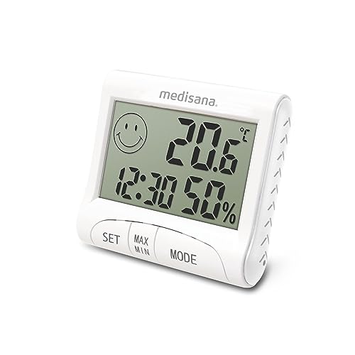 Medisana HG 100, digitales Hygrometer für innen, Thermometer mit Luftfeuchtigkeit, Raumtemperatur, Uhrzeit, Anzeige der Luftbefeuchtung in Innenräumen