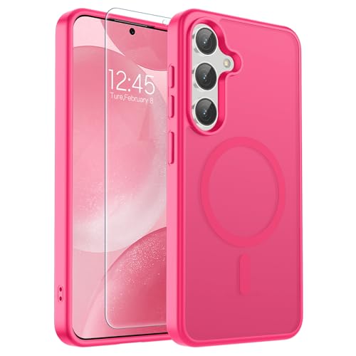Image of SUPFINE Magnetic for Samsung Galaxy S24 Case / S25 Case with Screen Protector, (Built-in Magnets) (Military Grade Drop Protection) Slim Translucent Shockproof Phone Case,Hot Pink
