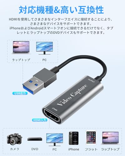 USB3.0 キャプチャーボード fuyi【2026 USB to HDMI キャプチャーカード｜4Kパススルー&1080P録画対応、USB ビデオキャプチャー ゲームHD画質録画｜ゲーム実況・ライブ配信に最適｜Switch/PS5/Xbox対応用サポート Win 7/8/10 Linux OBS Potplayer YouTube対応｜低遅延・電源不要｜日本語マニュアル付き