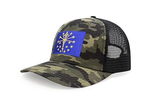 International Tie State Hat for Men and Women, Adjustable Snapback Trucker Baseball Cap with Embroidered Patch (Indiana, Camouflage)