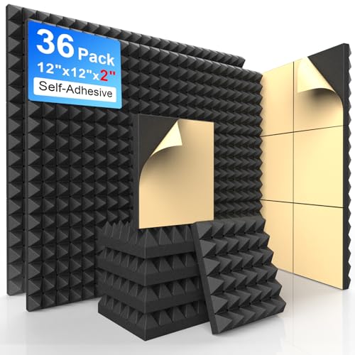 AUSLET 36 Pack Sound Proof Foam Panels for Walls Self Adhesive Acoustic Panels 12x12x2 inches Pyramind Acoustic Panels Black Soundproof Wall Panels
