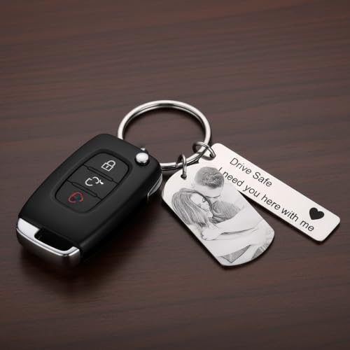 Image of Personalized Photo Keychain, Custom Drive Safe Keychain with Picture Engraving, Romantic Couple Key Ring Gift for Boyfriend /Girlfriend, Anniversary, Valentine, Birthday, Long Distance Gift