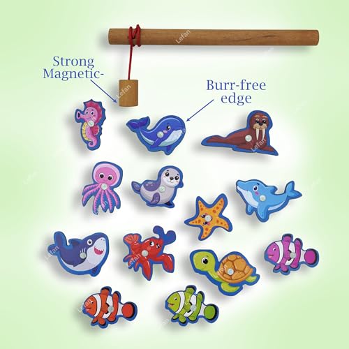 Image of Lefan Wooden Magnetic Fishing Game for Kids Montessori Toddler Toy with 1 Magnetic Rod and Assorted Wooden Fish Fine Motor Skill Development Toy for Boys & Girls Ages 3 4 5 6 7+