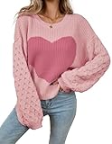 Libsorge Womens Oversized Cute Heart Sweater Spring Winter 2025 Trendy Lightweight Thin Ladies Dressy Casual Ribbed Knitted Crewneck Waffle Cable Knit Long Sleeve Pullover Top Rose Red