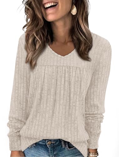 WIHOLL Womens Early Fall Fashion Long Sleeve Shirts for Women Soft Lightweight Sweaters Fall Outfits for Women 2025 Clothing Dressy Casual Boho Tops School Outfits for Teachers Trendy Clothes Beige M