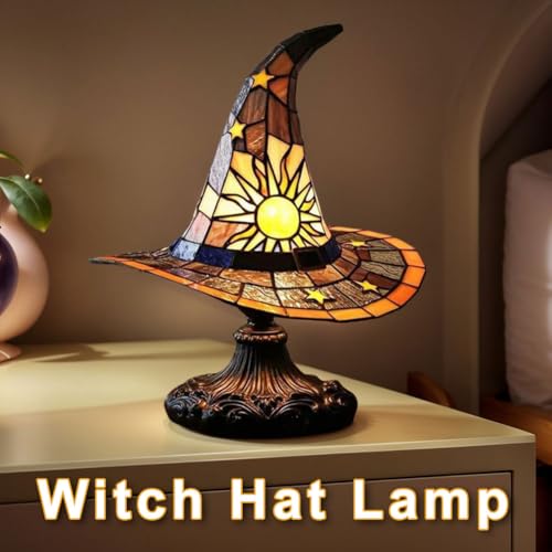 Image of Witch Hat Lamps, Handcrafted Stained Glass Resin Wizard Hat Light Gothic Table Lamp for Halloween Decor, Spooky Night Light for Bedroom and Indoor Parties, Unique Wiccan Gift