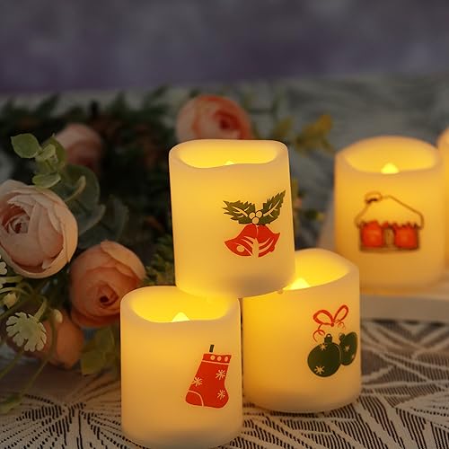 Image of Battery Operated Flameless LED Votive Candles with Christmas Decals 12 PCS