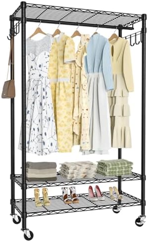 Garment Rack Heavy Duty 3 Tiers Adjustable Freestanding Metal Rolling Clothing Rack with Double Rods and Side Hooks for Hanging Clothes, Black