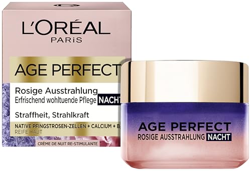 L'Oréal Paris Kühlende Nachtpflege für Frauen: für eine ebenmäßige & strahlende Haut & rosig frische Ausstrahlung mit Pfingsrosen-Zellen, Calcium und Vitamin B3 & LSF 20, Age Perfect Golden Age1x 50ml