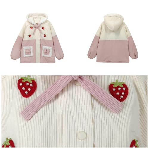 Women's Winter Corduroy Jacket Teen Girls Outerwear Warm Cute Strawberry Zipper Fleece Fuzzy Hooded Coat4