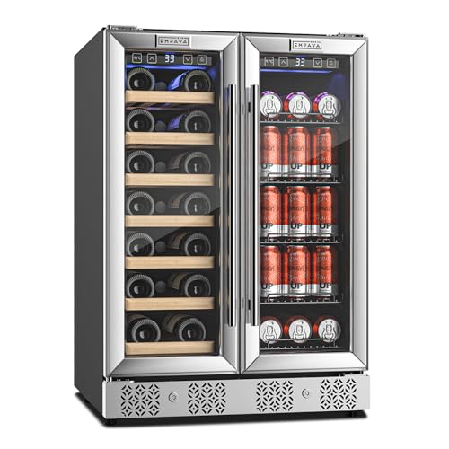 Image of Empava Dual Zone Wine Cooler and Beverage Refrigerator, Freestanding or Under Counter Fridge with Glass Door and LED Light, 78 Cans and 20 Bottles Capacity