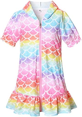 CHILDRENSTAR Girls Swim Coverups Mermaid Terry Swimsuit Cover-Up Zip-Up Beach Robe,Size 6 7
