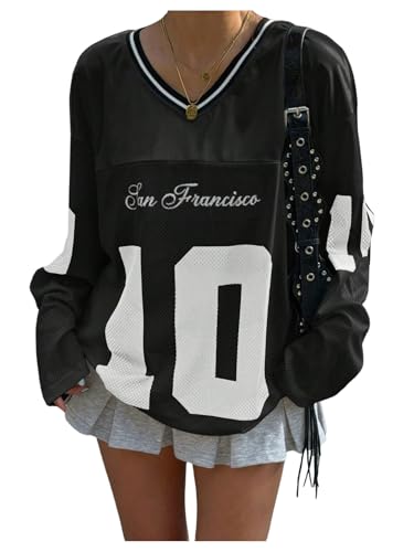 Verdusa Women's Jersey Shirt Long Sleeve Y2K Oversized V Neck Mesh