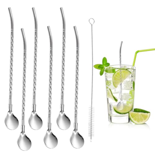 JRYXDS 6 Pailles-Cuillères En Acier Inoxydable, Filetées, Réutilisables, Avec Brosse De Nettoyage. Parfaites Pour Smoothies, Milkshakes, Cocktails, Café